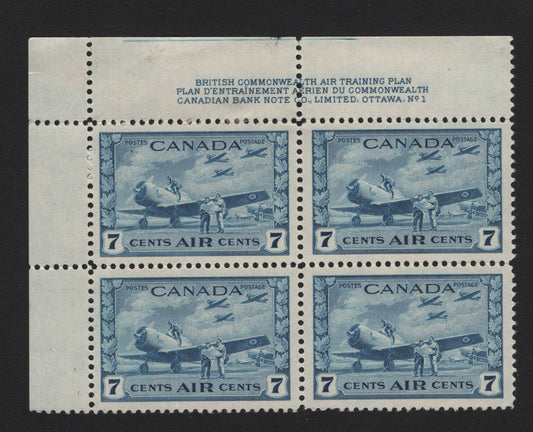 Lot 246 Canada #C8 7c Pale Dull Blue Air Training Plan, 1942-1943 Airmail War Issue, A VFOG UL Plate 1 Block Of 4, CBN-LL Paper, Perf 11.9