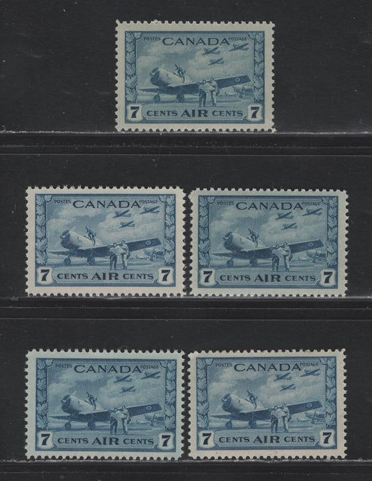 Lot 247 Canada #C8 7c Blue Air Training Plan, 1942-1943 Airmail War Issue, 5 VFNH Singles, Various Shades On Different Papers & Perfs