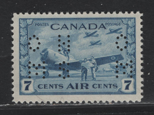 Lot 247A Canada #O9-C8 7c Light Blue Air Training Plan, 1942-1943 Airmail War Issue, A VFOG Single, CBN-TTTT Paper, Perf 11.9, 4-Hole OHMS Perfin From Original Die, POS. 1.