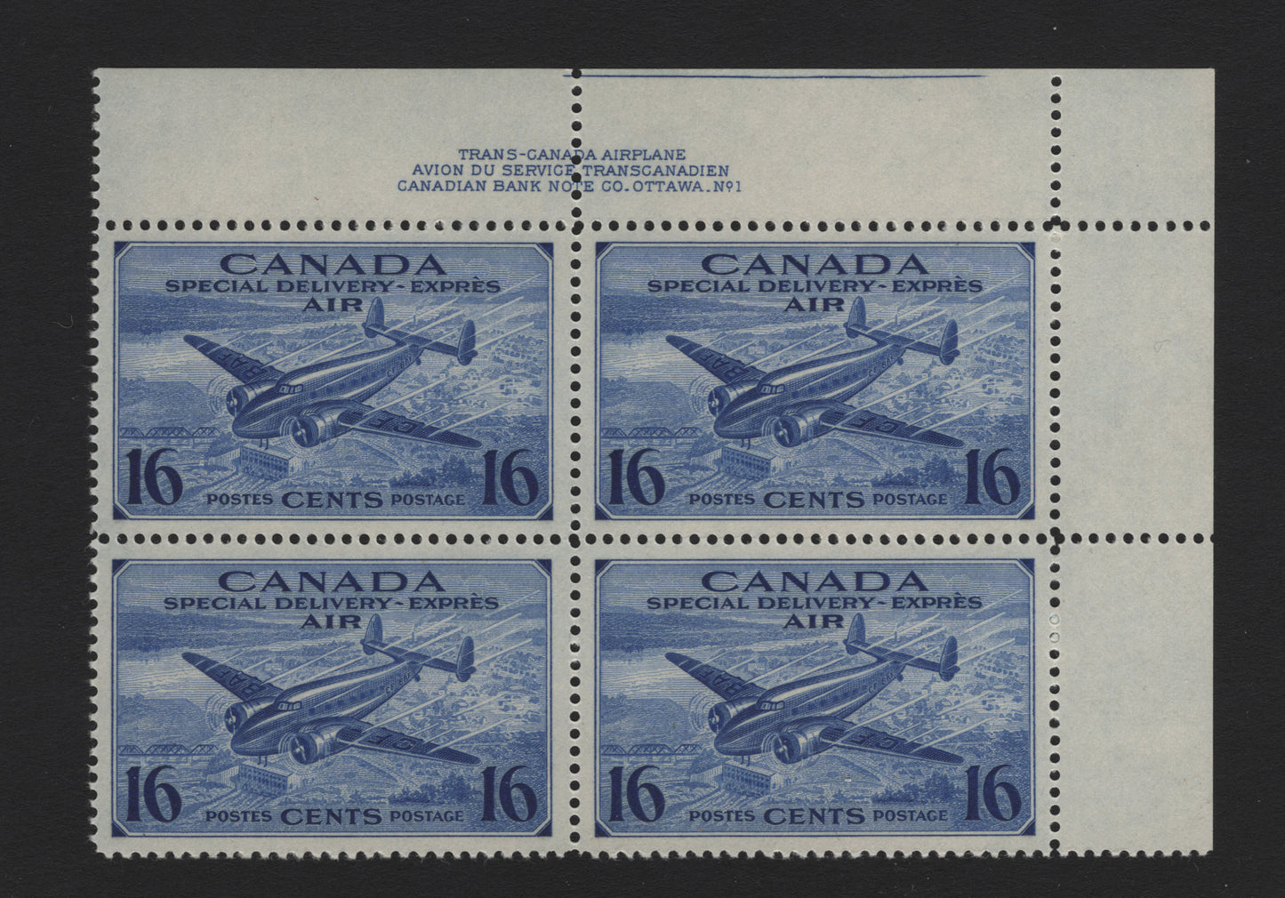 Lot 248 Canada (C) #CE1 16c Deep Ultramarine Trans-Canada Airplane, 1942-1943 Airmail Special Delivery Issue, A VFNH UR Plate 1 Block Of 4, CBN-KK Paper, Perf 11.9x12