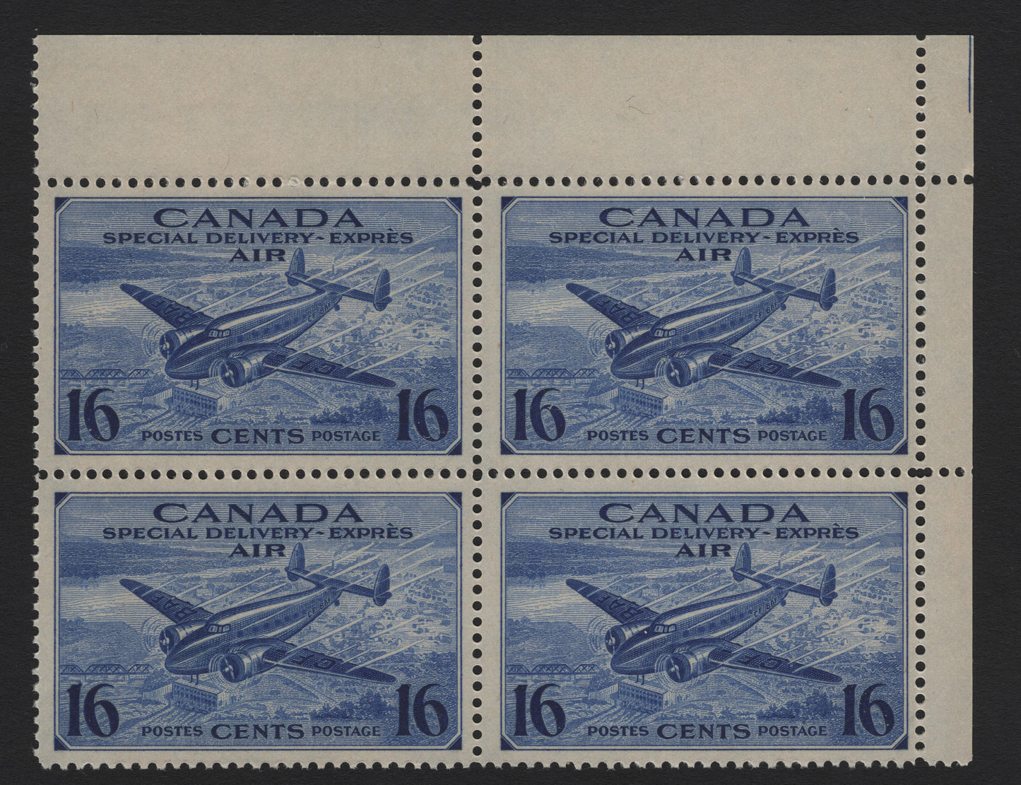 Lot 249 Canada #CE1 16c Deep Ultramarine Trans-Canada Airplane, 1942-1943 Airmail Special Delivery Issue, A FNH UR Field Stock Block Of 4, CBN-II Paper, Perf 11.9, Showing Cutting Guidelines.