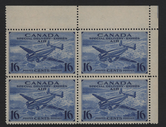 Lot 249 Canada #CE1 16c Deep Ultramarine Trans-Canada Airplane, 1942-1943 Airmail Special Delivery Issue, A FNH UR Field Stock Block Of 4, CBN-II Paper, Perf 11.9, Showing Cutting Guidelines.
