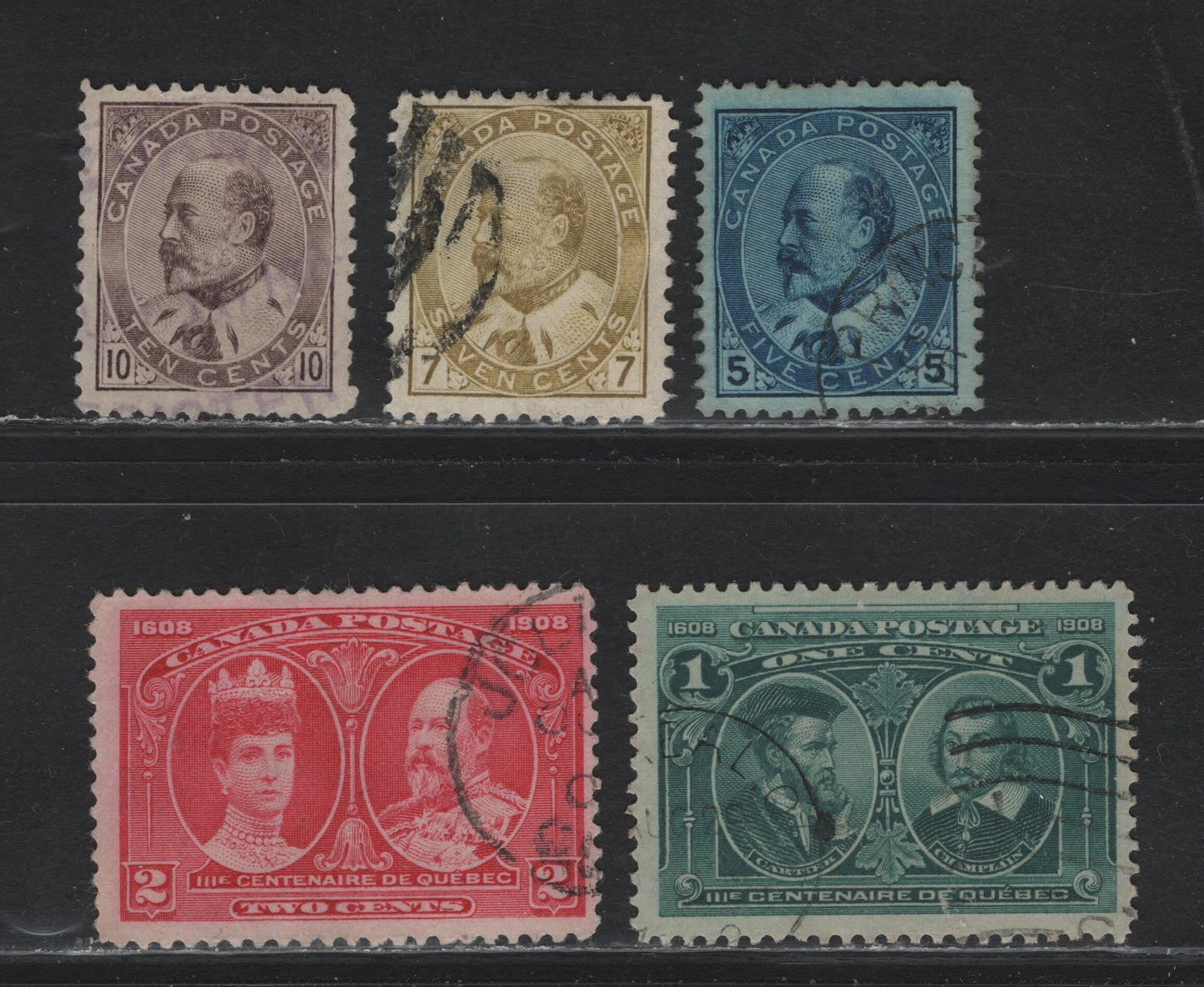Lot 25 Canada (C) #91-93i, 97-98 5c - 2c Blue on Bluish - Aniline Carmine Rose King Edward VII - King Edward VII & Queen Alexandra, 1903-1908 King Edward VII - Quebec Tercentenary Issues, 5 Fine Used Singles, Unchecked As To Paper Type