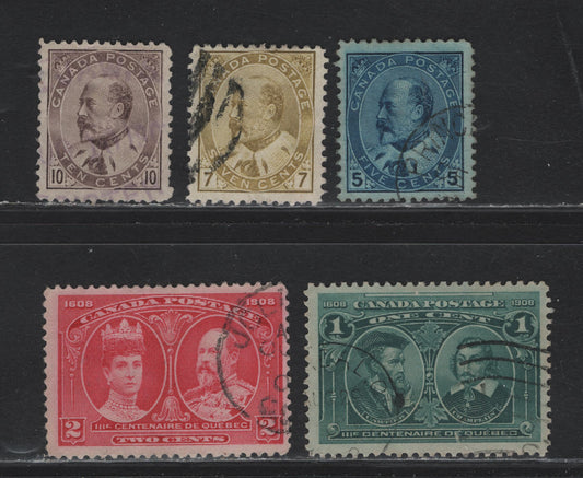 Lot 25 Canada (C) #91-93i, 97-98 5c - 2c Blue on Bluish - Aniline Carmine Rose King Edward VII - King Edward VII & Queen Alexandra, 1903-1908 King Edward VII - Quebec Tercentenary Issues, 5 Fine Used Singles, Unchecked As To Paper Type