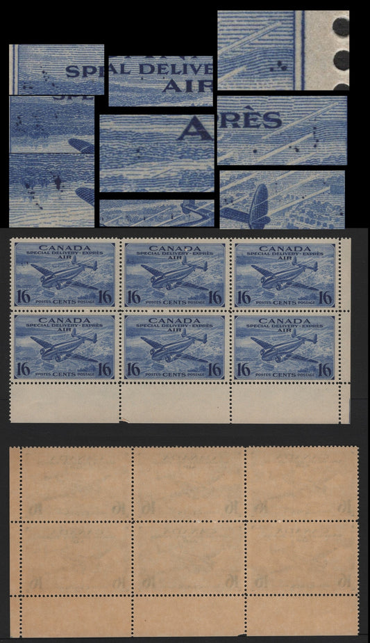 Lot 250 Canada #CE1var 16c Deep Ultramarine Trans-Canada Airplane, 1942-1943 Airmail Special Delivery Issue, A FNH LR Block Of 6, CBN-HHHHH Paper, Perf 11.95x12, Showing Ink Drag Spatter Flaw Affecting Top 3 Stamps (POS.43-45).