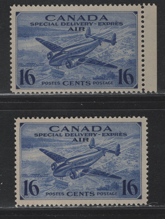Lot 251 Canada #CE1 16c Deep Ultramarine Trans-Canada Airplane, 1942-1943 Airmail Special Delivery Issue, 2 VFNH Singles, CBN-II Paper, Perfs 12 & 12x11.9