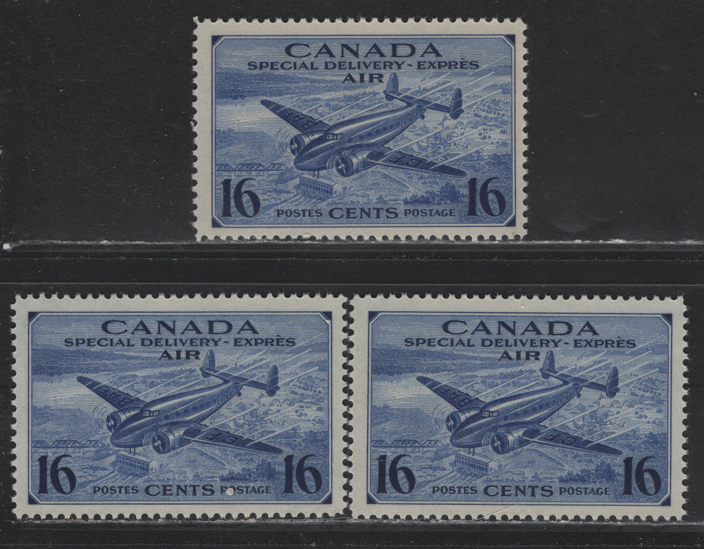 Lot 252 Canada #CE1 16c Deep Violet Blue Trans-Canada Airplane, 1942-1943 Airmail Special Delivery Issue, 3 F/VFNH Singles, CBN-II Paper, Perfs 12.05x12, 12x12 & 12x11.95