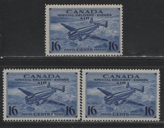 Lot 252 Canada #CE1 16c Deep Violet Blue Trans-Canada Airplane, 1942-1943 Airmail Special Delivery Issue, 3 F/VFNH Singles, CBN-II Paper, Perfs 12.05x12, 12x12 & 12x11.95