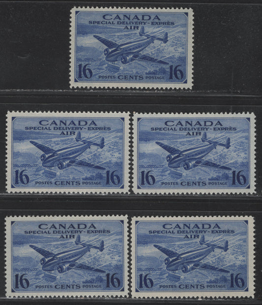 Lot 253 Canada #CE1 16c Deep Ultramarine Trans-Canada Airplane, 1942-1943 Airmail Special Delivery Issue, 5 F/VFNH Singles, CBN-KK Paper, Perfs 12x12, 11.9x11.9, 11.9x12, 11.9x11.95 & 12x11.9