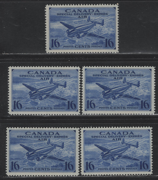 Lot 254 Canada #CE1 16c Deep Bright Ultramarine Trans-Canada Airplane, 1942-1943 Airmail Special Delivery Issue, 5 F/VFNH Singles, CBN-KK Paper, Perfs 12x11.9, 11.95x11.9, 12, 11.9 & 12x11.95
