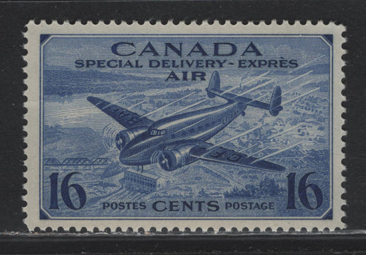 Lot 255 Canada #CE1 16c Deep Violet Blue Trans-Canada Airplane, 1942-1943 Airmail Special Delivery Issue, A VFNH Single, CBN-KK Paper, Perf 11.95x12