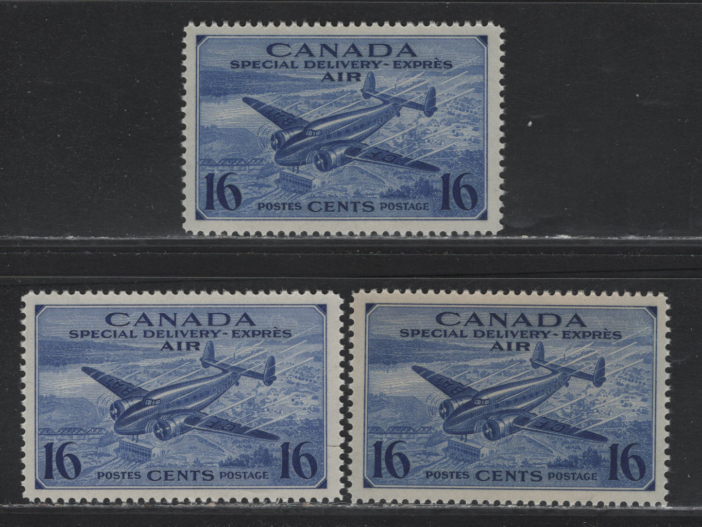 Lot 256 Canada #CE1 16c Deep Ultramarine, Violet Blue - Deep Violet Blue Trans-Canada Airplane, 1942-1943 Airmail Special Delivery Issue, 3 VFNH Singles, CBN-KK Paper, Unchecked For Perfs