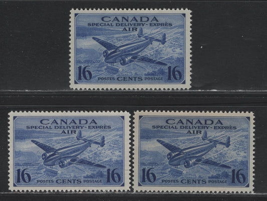 Lot 256 Canada #CE1 16c Deep Ultramarine, Violet Blue - Deep Violet Blue Trans-Canada Airplane, 1942-1943 Airmail Special Delivery Issue, 3 VFNH Singles, CBN-KK Paper, Unchecked For Perfs