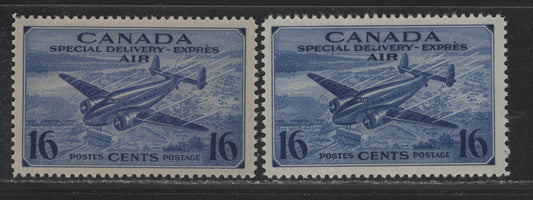 Lot 258 Canada #CE1 16c Deep Ultramarine Trans-Canada Airplane, 1942-1943 Airmail Special Delivery Issue, 2 VFNH Singles, White & Toned CBN-JJJJJ Paper, Unchecked For Perfs