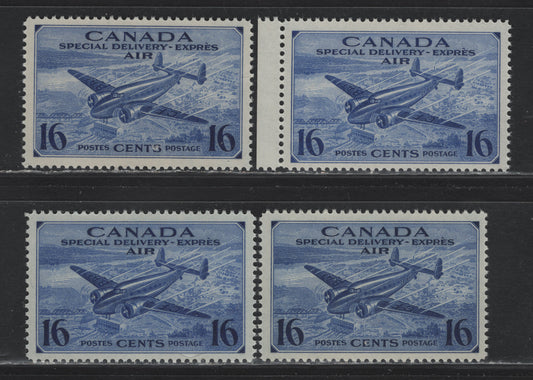 Lot 259 Canada #CE1 16c Violet Blue - Deep Bright Ultramarine Trans-Canada Airplane, 1942-1943 Airmail Special Delivery Issue, 4 VFNH Singles, CBN-IIIII Paper