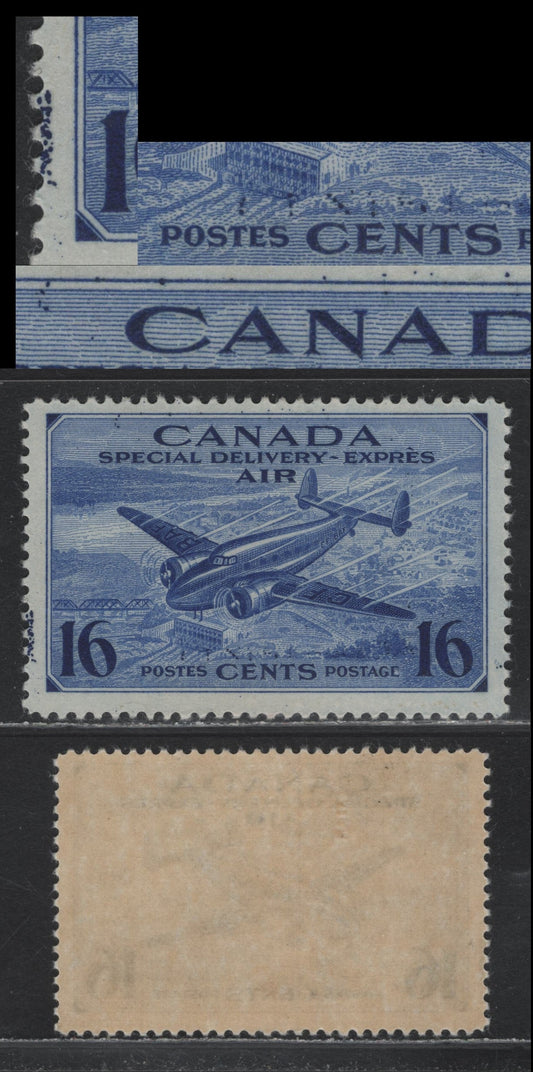 Lot 260 Canada (C) #CE1 16c Bright Ultramarine Trans-Canada Airplane, 1942-1943 Airmail Special Delivery Issue, A VFOG Single, Perf 11.95, Showing Ink Drag/Spatter Flaw