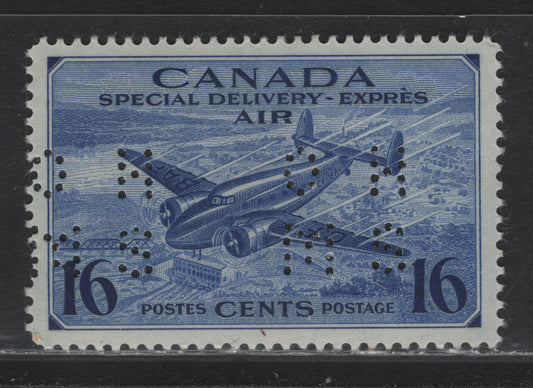 Lot 261 Canada (C) #O9-CE1 16c Deep Ultramarine Trans-Canada Airplane, 1942-1943 Airmail Special Delivery Issue, A VFOG Single, CBN-JJJJJ Paper, Perf 11.95x11.9, 4-Hole OHMS Perfin, Original Die, Position 1.