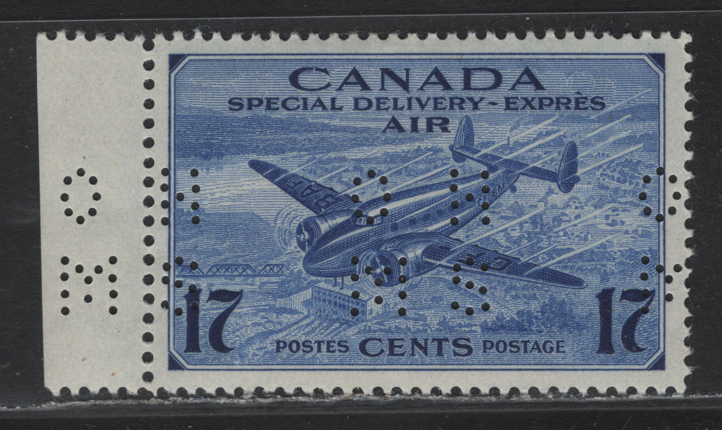 Lot 262 Canada (C) #O9-CE2 17c Deep Ultramarine Trans-Canada Airplane, 1942-1943 Airmail Special Delivery Issue, A FOG Single, CBN-OOOO Paper, Perf 11.85x12, 4-Hole OHMS Perfin, Original Die, Position 1, Small Hinge Thin.