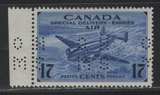 Lot 262 Canada (C) #O9-CE2 17c Deep Ultramarine Trans-Canada Airplane, 1942-1943 Airmail Special Delivery Issue, A FOG Single, CBN-OOOO Paper, Perf 11.85x12, 4-Hole OHMS Perfin, Original Die, Position 1, Small Hinge Thin.