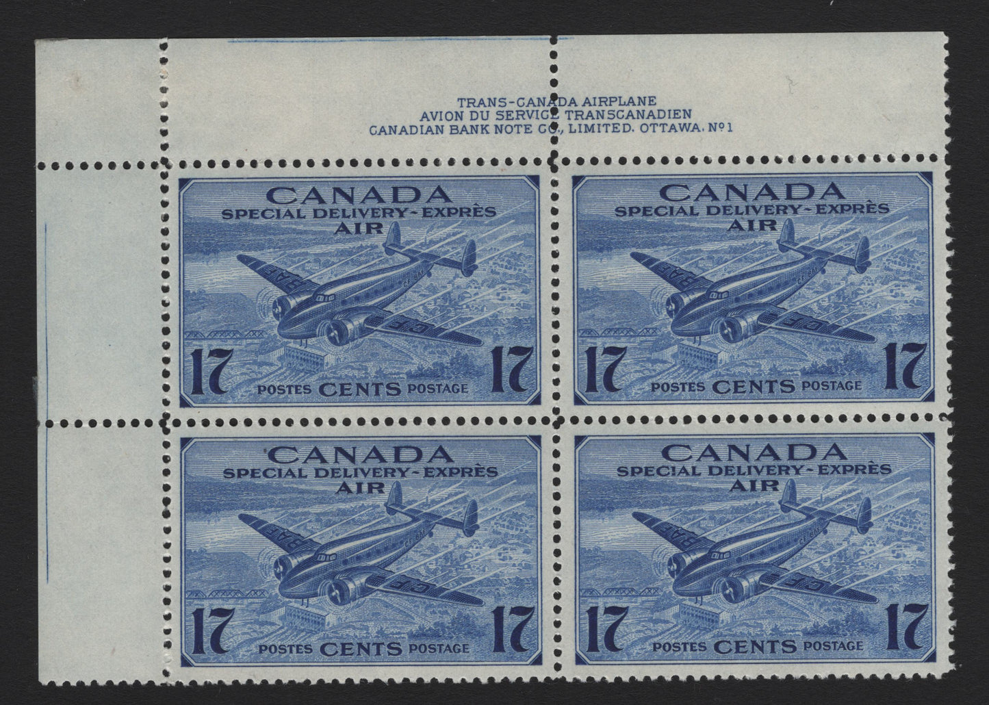 Lot 264 Canada (C) #CE2 17c Deep Ultramarine Trans-Canada Airplane, 1942-1943 Airmail Special Delivery Issue, A VFOG UR Plate 1 Block Of 4, CBN-GGGGG Paper, Perf 12