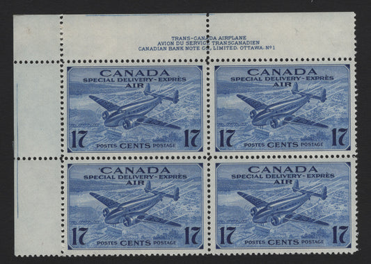 Lot 264 Canada (C) #CE2 17c Deep Ultramarine Trans-Canada Airplane, 1942-1943 Airmail Special Delivery Issue, A VFOG UR Plate 1 Block Of 4, CBN-GGGGG Paper, Perf 12