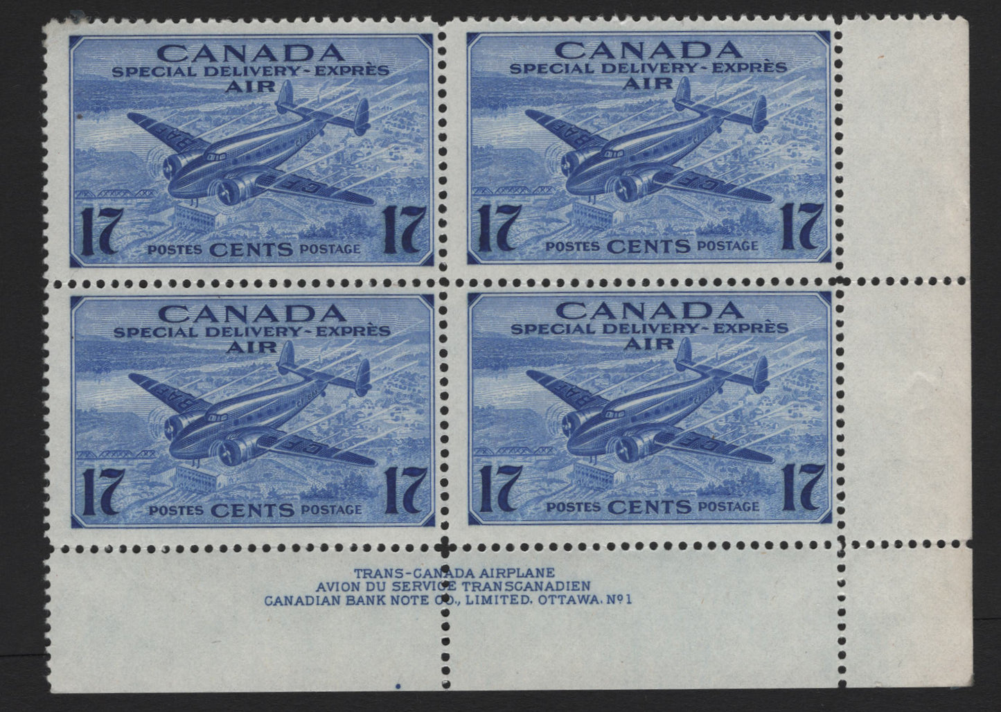 Lot 265 Canada #CE2 17c Bright Ultramarine Trans-Canada Airplane, 1942-1943 Airmail Special Delivery Issue, A FOG/NH LR Plate 1 Block Of 4, CBN-OOOO Paper, Perf 11.9, Aniline Ink, LH Top Stamps, NH Bottom.