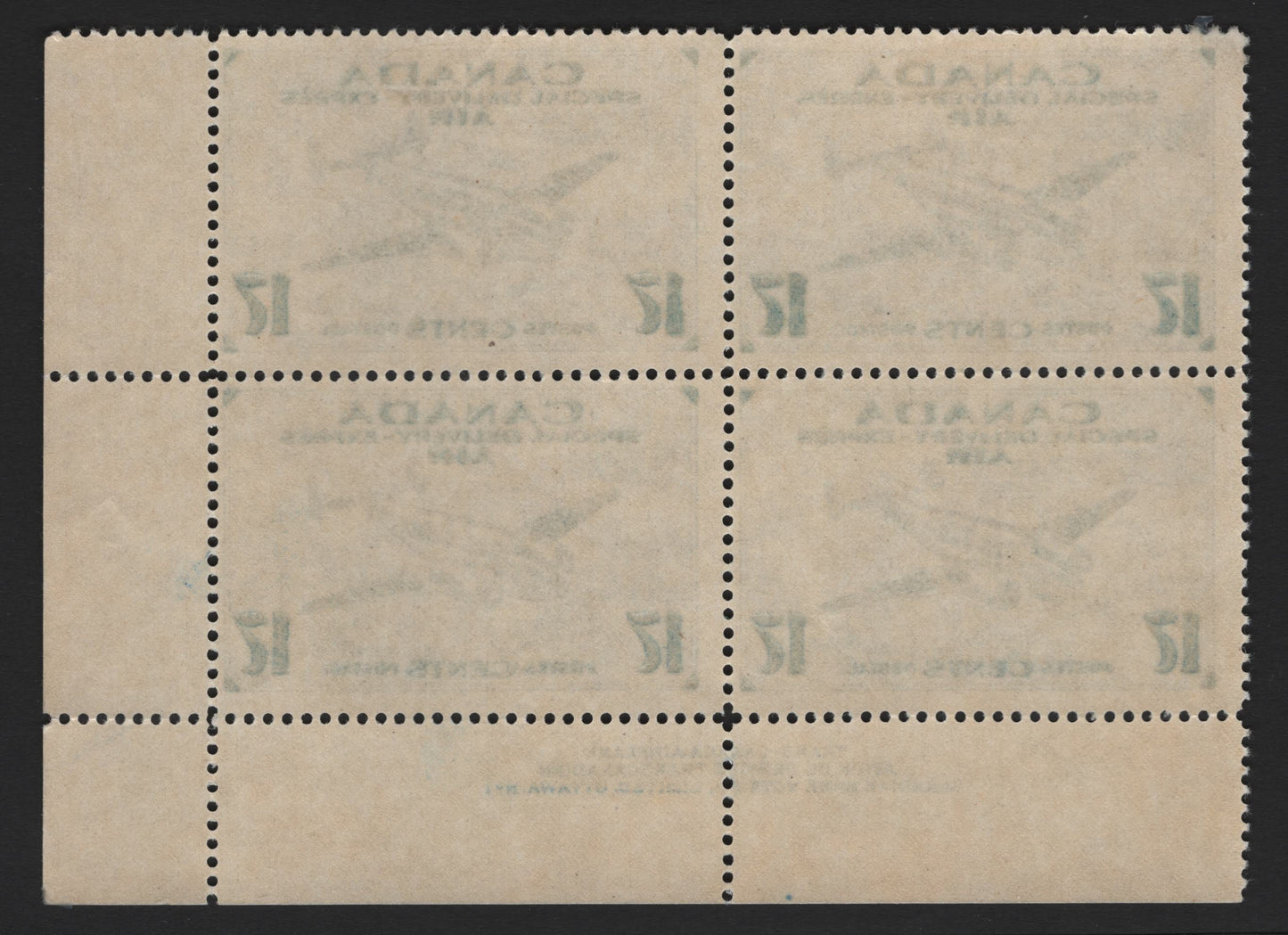 Lot 265 Canada #CE2 17c Bright Ultramarine Trans-Canada Airplane, 1942-1943 Airmail Special Delivery Issue, A FOG/NH LR Plate 1 Block Of 4, CBN-OOOO Paper, Perf 11.9, Aniline Ink, LH Top Stamps, NH Bottom.