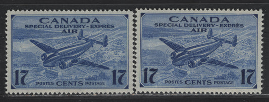 Lot 266 Canada #CE2 17c Deep Ultramarine - Deep Violet Blue Trans-Canada Airplane, 1942-1943 Airmail Special Delivery Issue, 2 VFNH Singles, CBN-KKKKK Paper, Perf 11.95x11.9