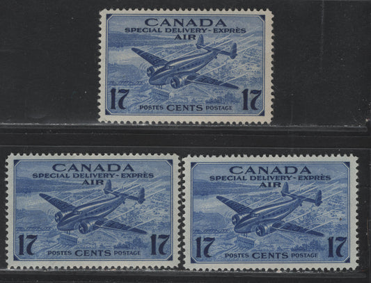 Lot 267 Canada #CE2 17c Deep Bright Ultramarine, Deep Ultramarine & Deep Violet Blue Trans-Canada Airplane, 1942-1943 Airmail Special Delivery Issue, 3 VFOG Singles, CBN-KKKKK Paper, Unchecked As to Perfs