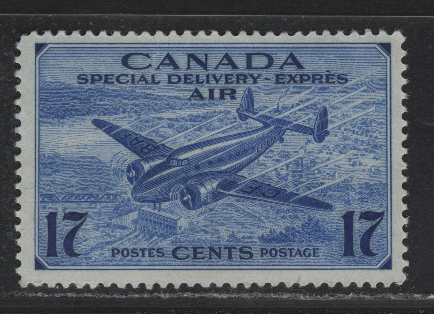Lot 268 Canada (C) #CE2 17c Bright Ultramarine Trans-Canada Airplane, 1942-1943 Airmail Special Delivery Issue, A FOG Single, Aniline Ink Printing, CBN-EEEEE Paper, Perf 11.9x11.95.