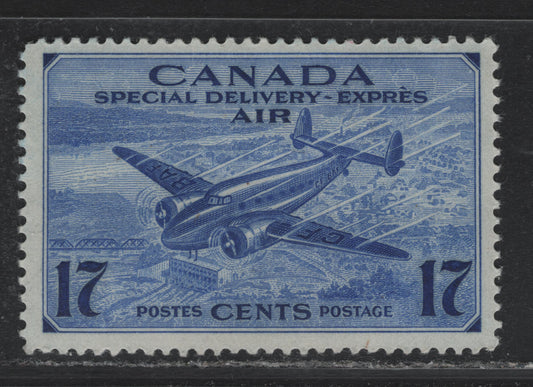 Lot 268 Canada (C) #CE2 17c Bright Ultramarine Trans-Canada Airplane, 1942-1943 Airmail Special Delivery Issue, A FOG Single, Aniline Ink Printing, CBN-EEEEE Paper, Perf 11.9x11.95.
