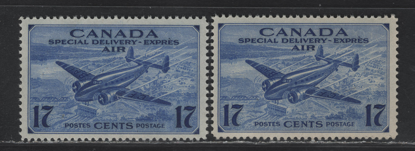Lot 271 Canada #CE2 17c Deep & Deep Bright Ultramarine Trans-Canada Airplane, 1942-1943 Airmail Special Delivery Issue, 2 VFNH Singles, CBN-OOOO Paper, Unchecked As to Exact Perforation