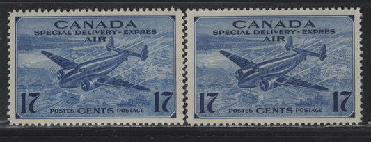 Lot 273 Canada #CE2 17c Deep Ultramarine & Deep Violet Blue Trans-Canada Airplane, 1942-1943 Airmail Special Delivery Issue, 2 VFNH Singles, CBN-QQQ Paper, Perfs 11.9x11.8 & 11.85x12