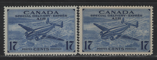 Lot 274 Canada #CE2 17c Deep Violet Blue & Deep Ultramarine Trans-Canada Airplane, 1942-1943 Airmail Special Delivery Issue, 2 VFNH Singles, CBN-QQQ Paper, Unchecked As to Perfs