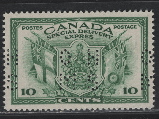 Lot 275 Canada #O9-E10 10c Green Arms & Flags, 1942 War Issue Special Delivery, A VFOG Single, CBN-IIIII Paper, Perf 12.05x11.95, 4-Hole OHMS Perfin, Original Die, Pos. 1.