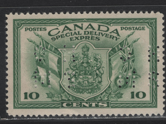 Lot 276 Canada (C) #O9-E10 10c Green Arms & Flags, 1942 War Issue Special Delivery, A VFOG Single, CBN-IIIII Paper, Perf 11.9x12, 4-Hole OHMS Perfin, Original Die, Pos. 1, Small Internal Wrinkles.