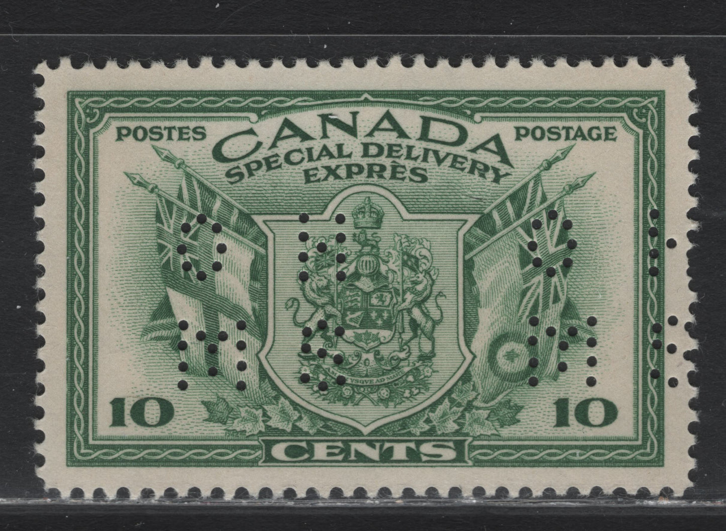 Lot 277 Canada (C) #O9-E10 10c Green Arms & Flags, 1942 War Issue Special Delivery, A VFNH Single, CBN-IIIII Paper, Perf 11.95x12, 4-Hole OHMS Perfin, Original Die, Pos. 1.