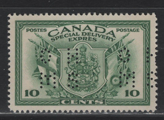 Lot 277 Canada (C) #O9-E10 10c Green Arms & Flags, 1942 War Issue Special Delivery, A VFNH Single, CBN-IIIII Paper, Perf 11.95x12, 4-Hole OHMS Perfin, Original Die, Pos. 1.