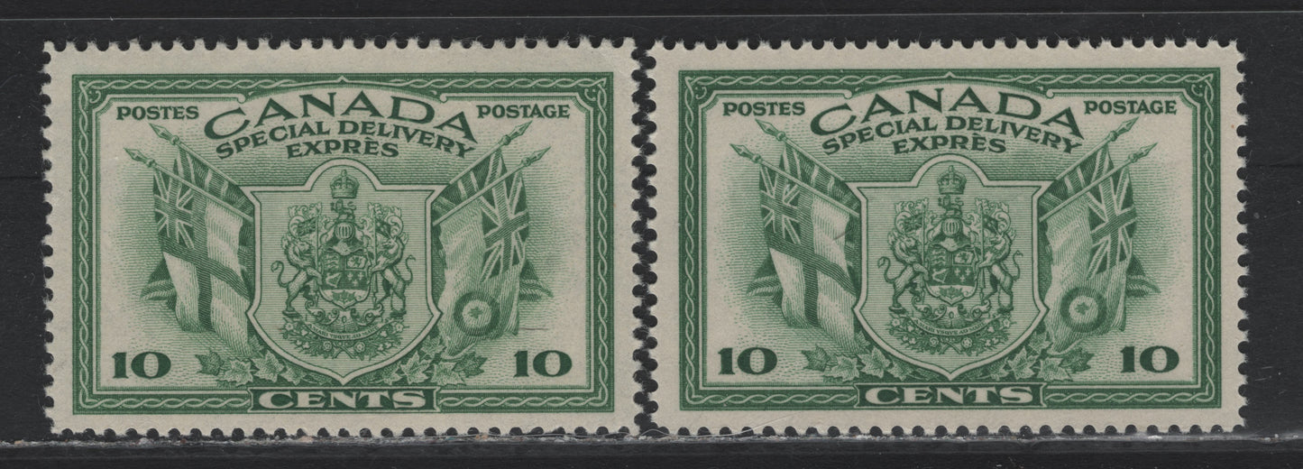 Lot 278 Canada #E10 10c Bright Green Arms & Flags, 1942 War Issue Special Delivery, 2 VFNH Singles, CBN-LLLLL & CBN-KKKK Papers, Perfs 11.95x11.9 & 12x11.85