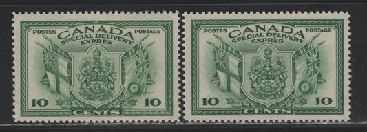 Lot 278 Canada #E10 10c Bright Green Arms & Flags, 1942 War Issue Special Delivery, 2 VFNH Singles, CBN-LLLLL & CBN-KKKK Papers, Perfs 11.95x11.9 & 12x11.85