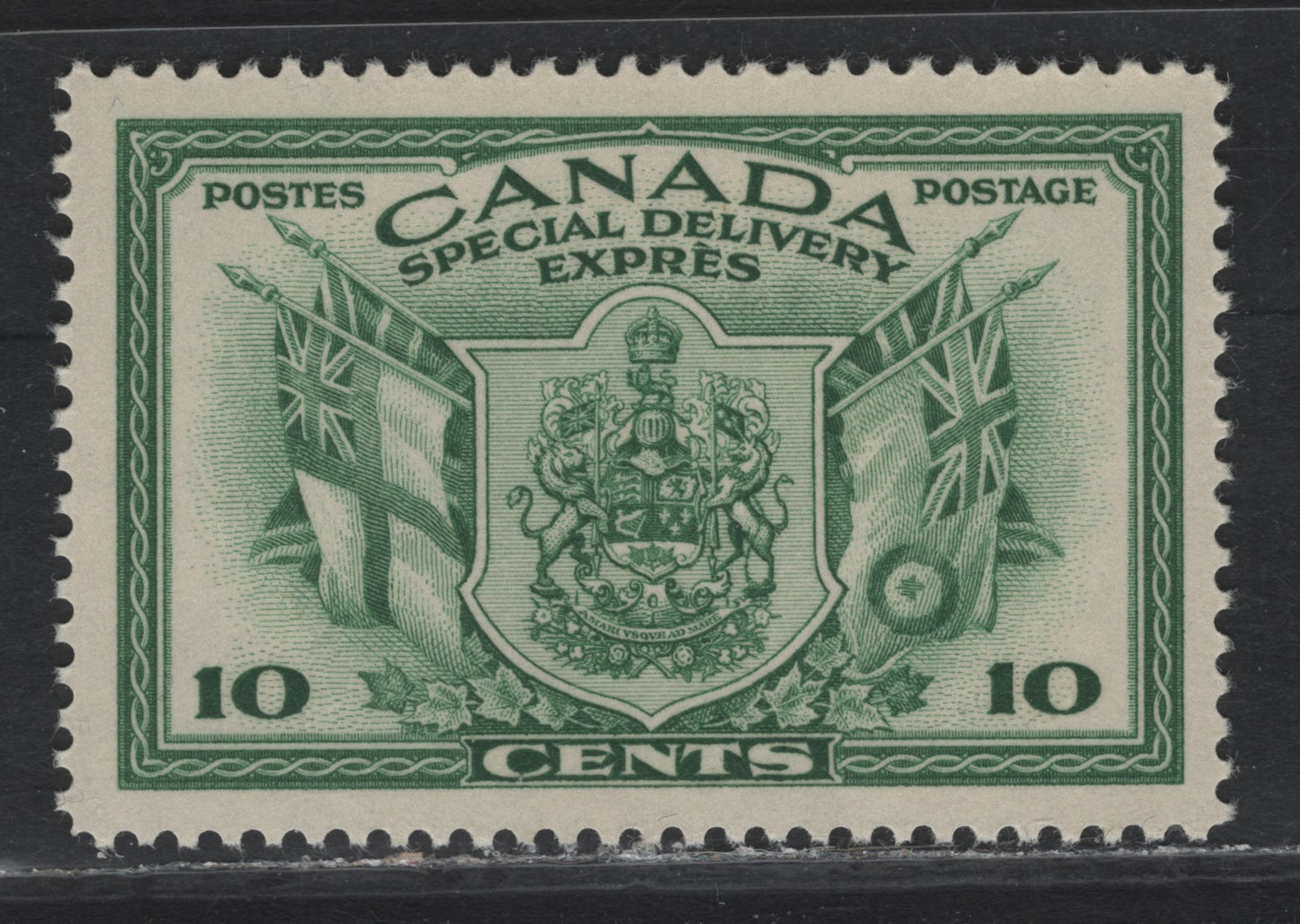 Lot 279 Canada #E10 10c Green Arms & Flags, 1942 War Issue Special Delivery, A VFNH Single, CBN-KKKK Paper, Unchecked As To Perf