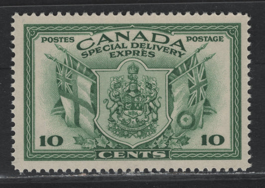 Lot 279 Canada #E10 10c Green Arms & Flags, 1942 War Issue Special Delivery, A VFNH Single, CBN-KKKK Paper, Unchecked As To Perf