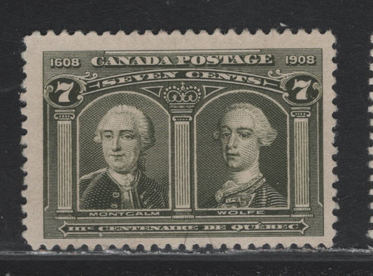 Lot 28 Canada (C) #100 7c Brownish Olive Green  Montcalm & Wolfe, 1908 Quebec Tercentenary Issue, A Fine Unused Single, ABN-B Paper, Perf 11.9