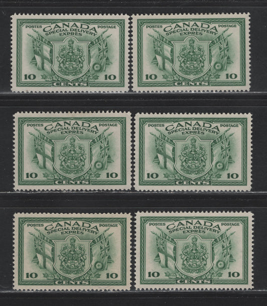 Lot 282 Canada #E10 10c Green Arms & Flags, 1942 War Issue Special Delivery, 6 VFOG Singles, CBN-KKKK Paper, Perfs 11.95x12, 12x12, 11.95, 11.95x11.85, 11.9x12 & 12x11.85