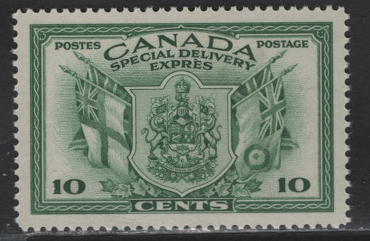 Lot 283 Canada #E10 10c Green Arms & Flags, 1942 War Issue Special Delivery, A VFNH Single, CBN-MMMMM Paper, Perf 11.9x12