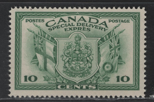 Lot 284 Canada #E10 10c Green Arms & Flags, 1942 War Issue Special Delivery, A VFNH Single, CBN-KKKK Paper, Perf 11.9x12