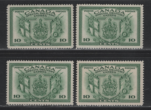 Lot 286 Canada #E10 10c Green Arms & Flags, 1942 War Issue Special Delivery, 4 VFOG Singles, CBN-LLLLL & CBN-IIII Papers, Perfs 11.9x12, 11.95x11.85, 11.95x12 & 11.9