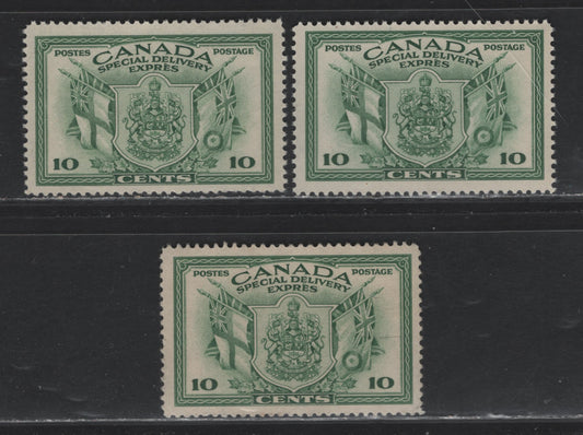 Lot 287 Canada #E10 10c Green Arms & Flags, 1942 War Issue Special Delivery, 3 FNH Singles, CBN-KK, CBN-KKKK & CBN-NNNN Papers, Perfs 11.9x12, 11.9 & 11.9x11.85