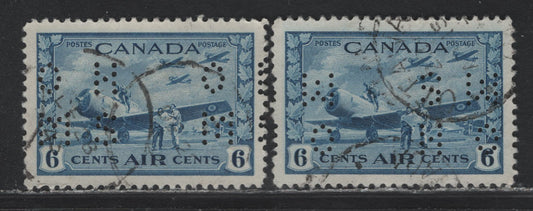 Lot 289 Canada #O9-C7 6c Dull Blue Air Training Plan, 1942-1943 Airmail War Issue, 2 Very Fine Used Blocks of 4, 4-Hole OHMS Perfin, Original Die1, Upright & Inverted (Pos. 1 & 3), Unchecked As to Paper & Perf.