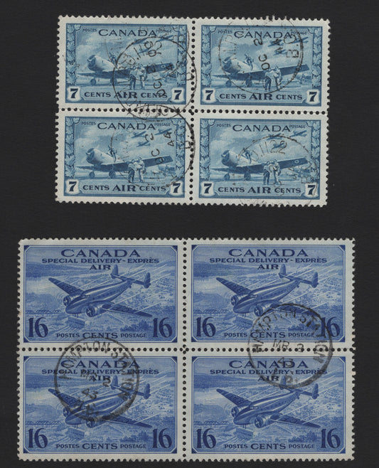 Lot 290 Canada #C8, CE1 7c - 16c Dull Blue - Ultramarine Air Training Plan - Trans-Canada Flight, 1942-1943 Airmail & Special Delivery War Issues, 2 Very Fine Used Blocks of 4, CBN-AAAAA & CBN-HHHHH Papers, Perfs 11.9x12 & 12, CDS Cancels.